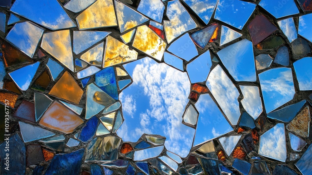 Reflections of the sky through colorful mosaic fragments. Reflections of the sky through colorful mosaic fragments.