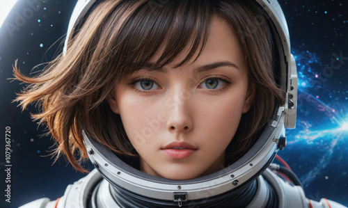 A female astronaut stares ahead with a determined look as she floats in space, surrounded by stars and a distant planet