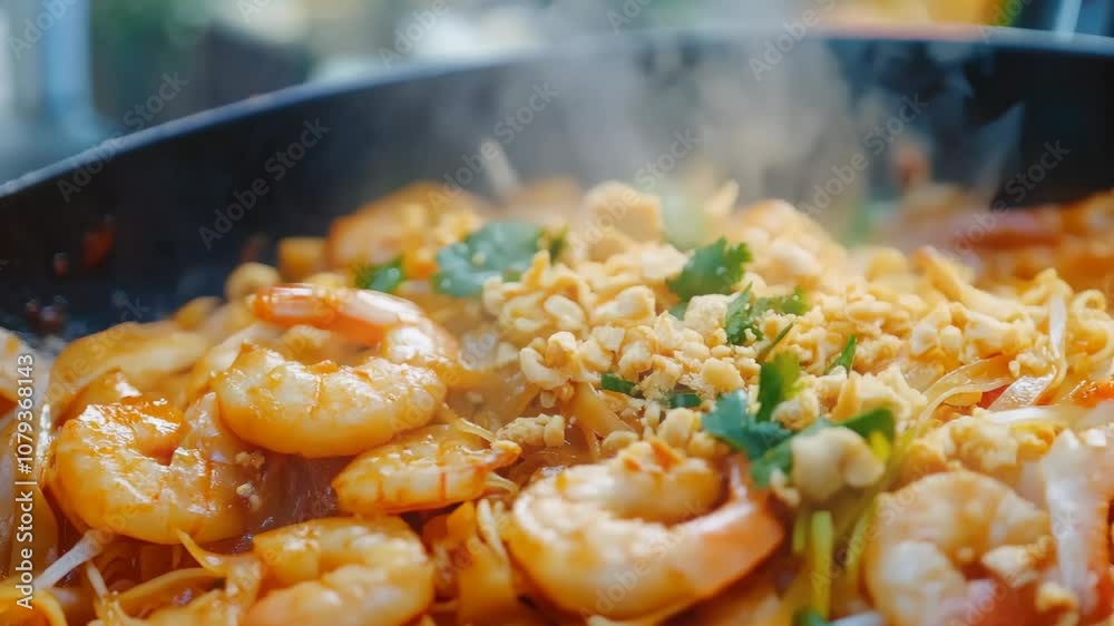 Appetizing close up pad thai, noodles slow motion animation with steam for cafes and restaurants. Appetizing close up pad thai, noodles slow motion animation with steam for cafes and restaurants.