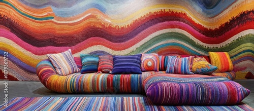 Knitted home decor installation featuring Missoni designs showcased during International Design Week textile art vibrant patterns photo