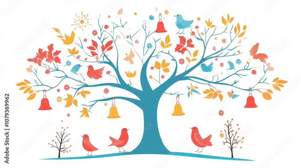 Fototapeta premium A decorative tree with colorful ribbons, bells, and various birds and leaves, set against a white background