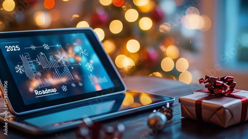 2025 Planning Roadmap on Tablet with Holiday Background