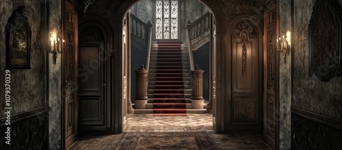 Inviting view of a house entrance showcasing elegant doors textured walls and adorned corridors leading to a grand staircase