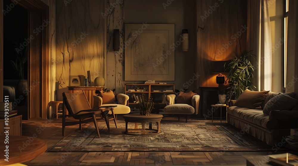 Softly lit living room with a textured rug, comfortable chairs, and a collection of cushions Softly lit living room with a textured rug, comfortable chairs, and a collection of cushions