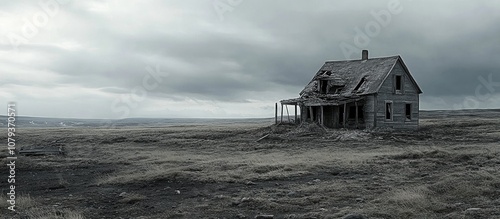 Forgotten houses nestled in a desolate landscape depicting the impact of depopulation and abandonment photo