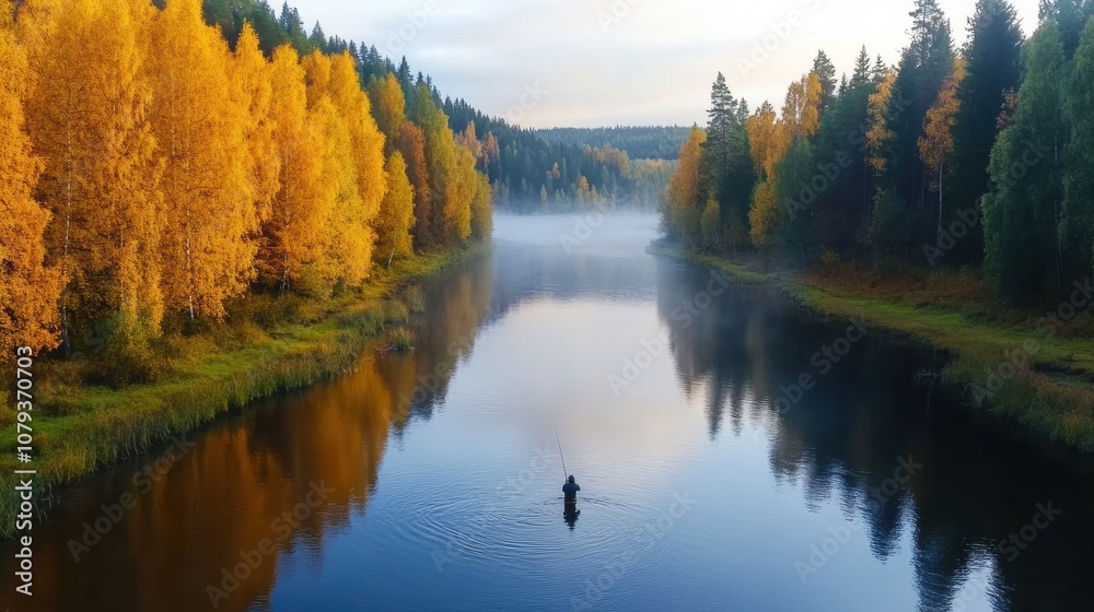 A lone fisherman stands in a serene river surrounded by vibrant autumn foliage, AI A lone fisherman stands in a serene river surrounded by vibrant autumn foliage, AI