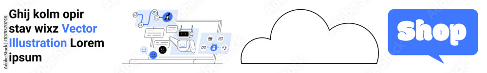 Laptop with various digital icons and a large cloud, next to a blue shop sign. Ideal for technology, cloud computing, e-commerce, online shopping, digital marketing. Banner for landing page Laptop with various digital icons and a large cloud, next to a blue shop sign. Ideal for technology, cloud computing, e-commerce, online shopping, digital marketing. Banner for landing page