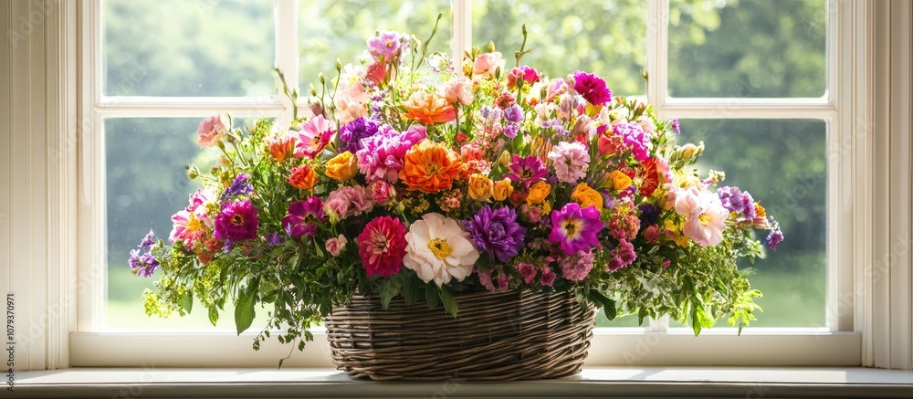 Large bouquet of vibrant fresh flowers arranged in a rustic wicker basket on a bright windowsill perfect for enhancing home decor in a vintage style Large bouquet of vibrant fresh flowers arranged in a rustic wicker basket on a bright windowsill perfect for enhancing home decor in a vintage style
