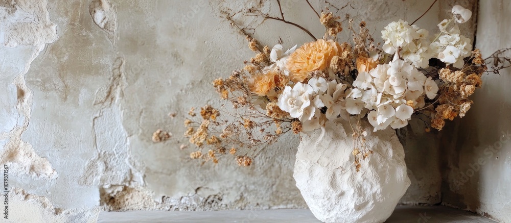 Handmade gypsum vase adorned with fresh and dried flowers perfect for home decor or gifting Handmade gypsum vase adorned with fresh and dried flowers perfect for home decor or gifting