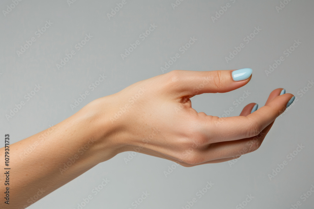 Hand reaching out with light blue nail polish against a neutral background Hand reaching out with light blue nail polish against a neutral background