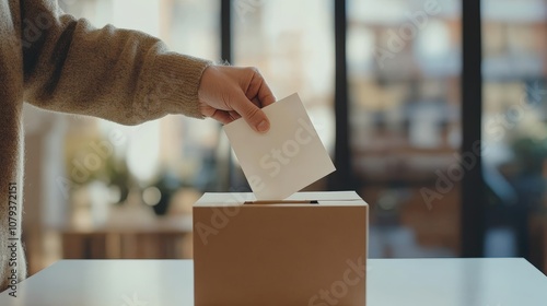 Ballot box and vote casting on white, election image. Hand putting paper in box, isolated on white.