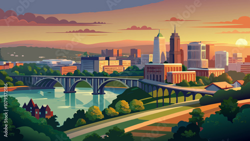 Aerial panorama of Richmond, Virginia, at sunset. Richmond is the capital city of the Commonwealth of Virginia. Manchester Bridge spans James River