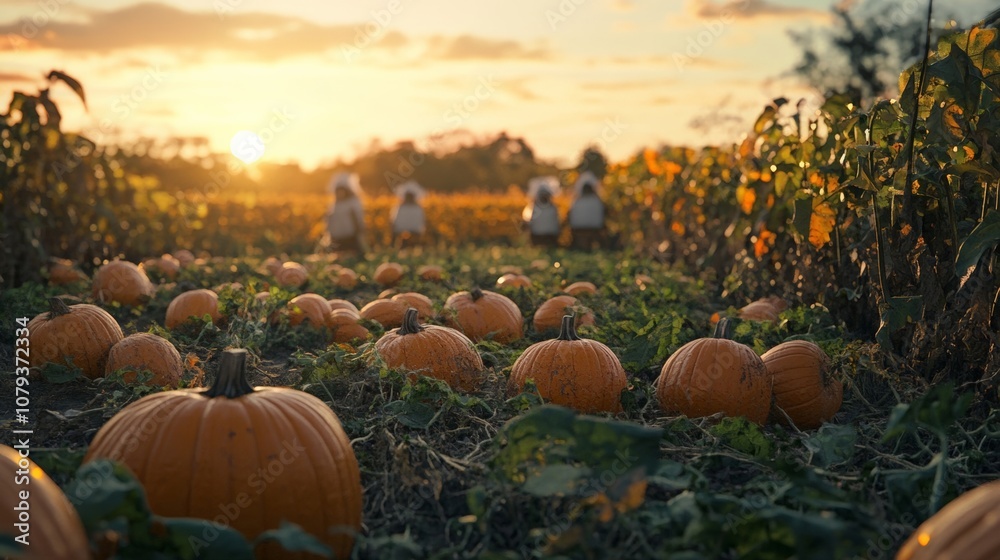 Sunset Over Pumpkin Field with Happy Gatherers Enjoying Halloween Harvest Time Sunset Over Pumpkin Field with Happy Gatherers Enjoying Halloween Harvest Time
