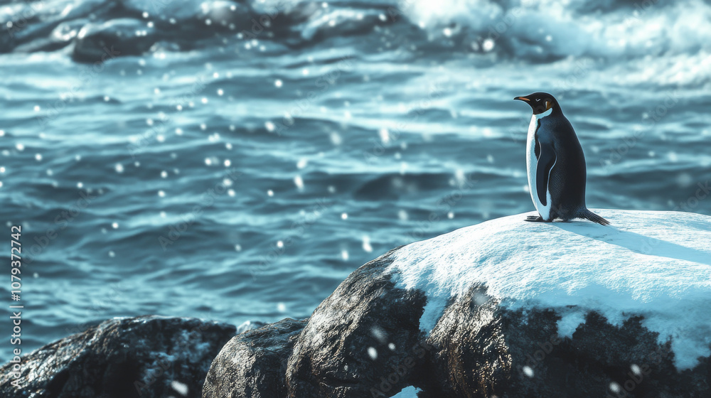 Obraz premium A lone penguin standing proudly on a snow-covered rock by the sea
