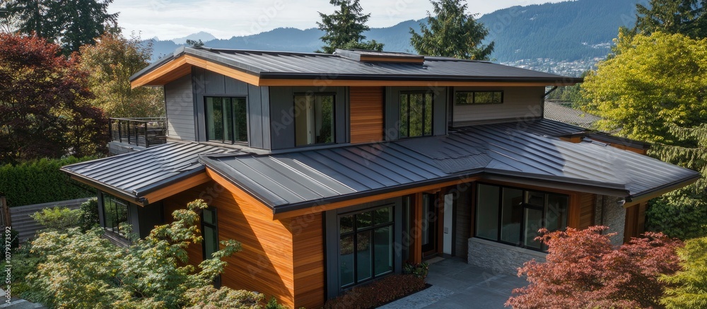 Fototapeta premium Innovative roof design featuring modern angles and sustainable materials for energy efficient architecture
