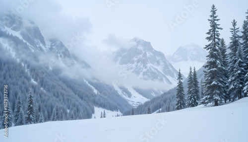 Snowstorm in the mountains with swirling snowflakes and rugged peaks disappearing in whiteout conditions