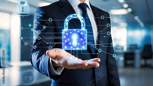 Businessman Holding Digital Security Lock Icon photo