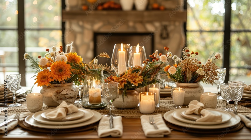 Rustic autumnal table setting with candles, flowers, and place settings.