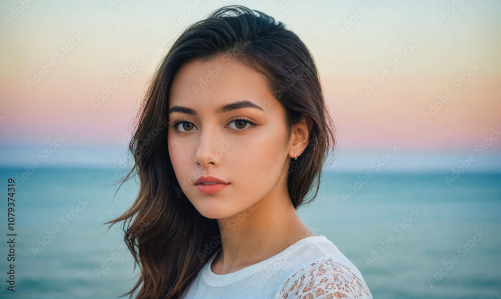 A woman looks directly at the camera while standing near the water with a colorful sky in the background A woman looks directly at the camera while standing near the water with a colorful sky in the background