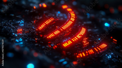 A close-up view of a circuit board with glowing red and blue lights, highlighting intricate details of technology and innovation in a contemporary setting