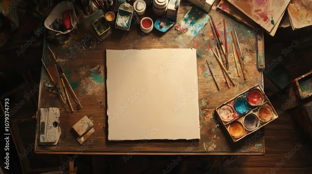 Obraz Top-down view of an art studio with paintbrushes, oil paints, and a blank canvas on a wooden table.