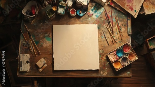 Top-down view of an art studio with paintbrushes, oil paints, and a blank canvas on a wooden table.