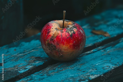 Close-up photo of an old, rotten apple on top of blue-tinted wood, dark... photo