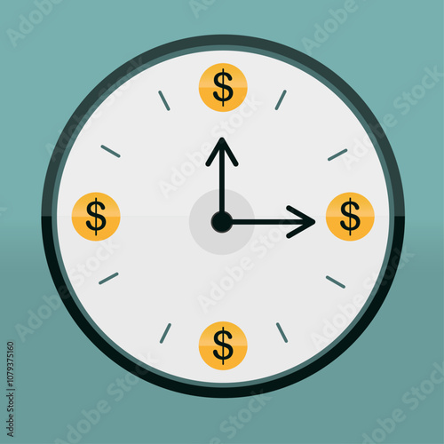 clock with money icon in vector. Illustration symbol of time, investment, profit, goal, challenges