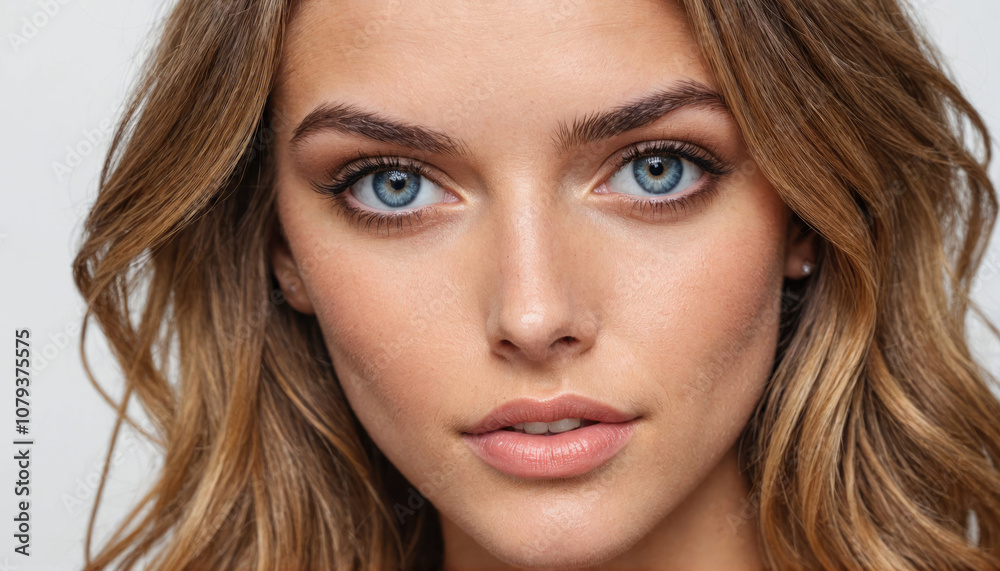 A woman with long, brown hair looks directly at the camera A woman with long, brown hair looks directly at the camera