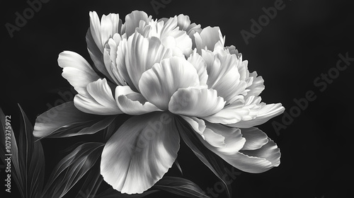 Fototapeta Naklejka Na Ścianę i Meble -  Exquisite black and white botanical illustration of a blooming peony flower, complete with detailed petals and leaves. Botanical. Illustration