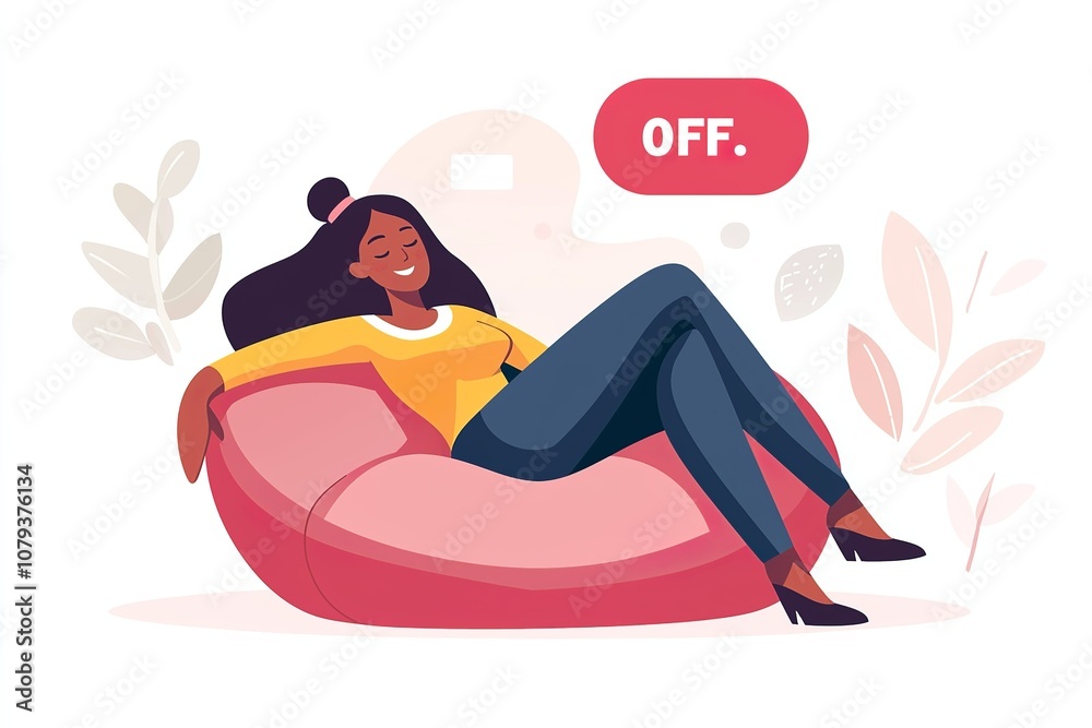 Woman relaxing on a bean bag with a button labeled Woman relaxing on a bean bag with a button labeled