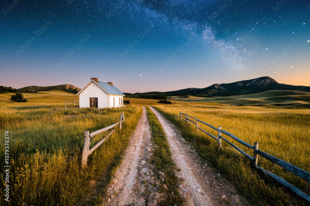 Stargazing Under a Clear Sky. A quaint house stands beside a winding dirt path under a starry sky, surrounded by lush fields and distant mountains, evoking peaceful rural charm. Stargazing Under a Clear Sky. A quaint house stands beside a winding dirt path under a starry sky, surrounded by lush fields and distant mountains, evoking peaceful rural charm.