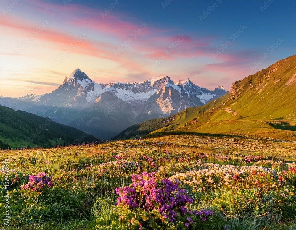 Fototapeta premium Picturesque Alpine landscape at sunrise. The sky glows in warm pastel colors as the snow-covered peaks shine in the soft morning light. In the foreground, colorful wildflowers bloom on a green meadow.