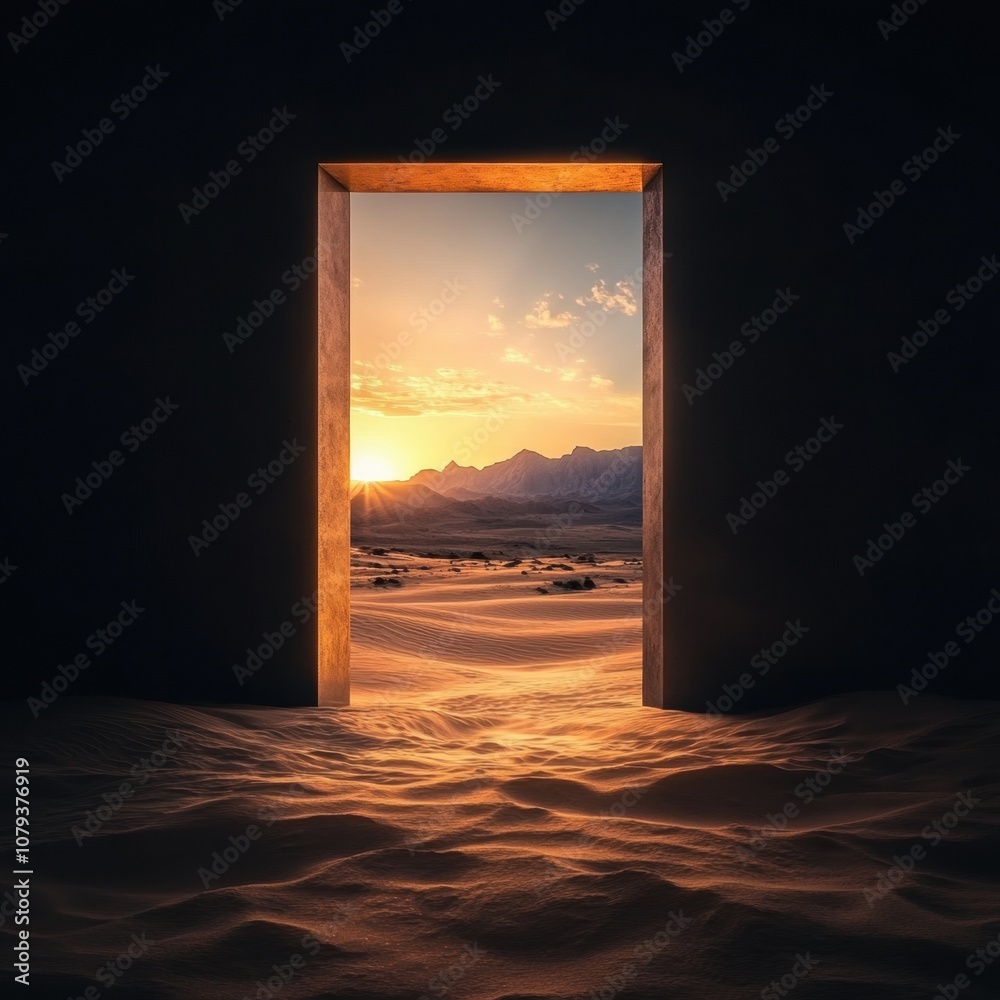 Fototapeta premium Offene Tür in der Wüste mit einer schönen Aussicht