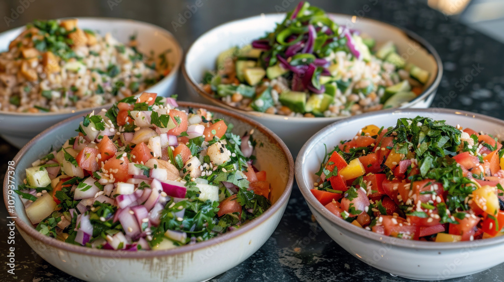 A selection of vibrant salads in four bowls showcases fresh ingredients like cucumbers, tomatoes, and herbs. The dishes are beautifully arranged on a dark countertop, A selection of vibrant salads in four bowls showcases fresh ingredients like cucumbers, tomatoes, and herbs. The dishes are beautifully arranged on a dark countertop,