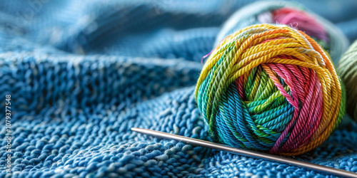 A handicraft background features knitting needles paired with colorful wool yarn
  photo