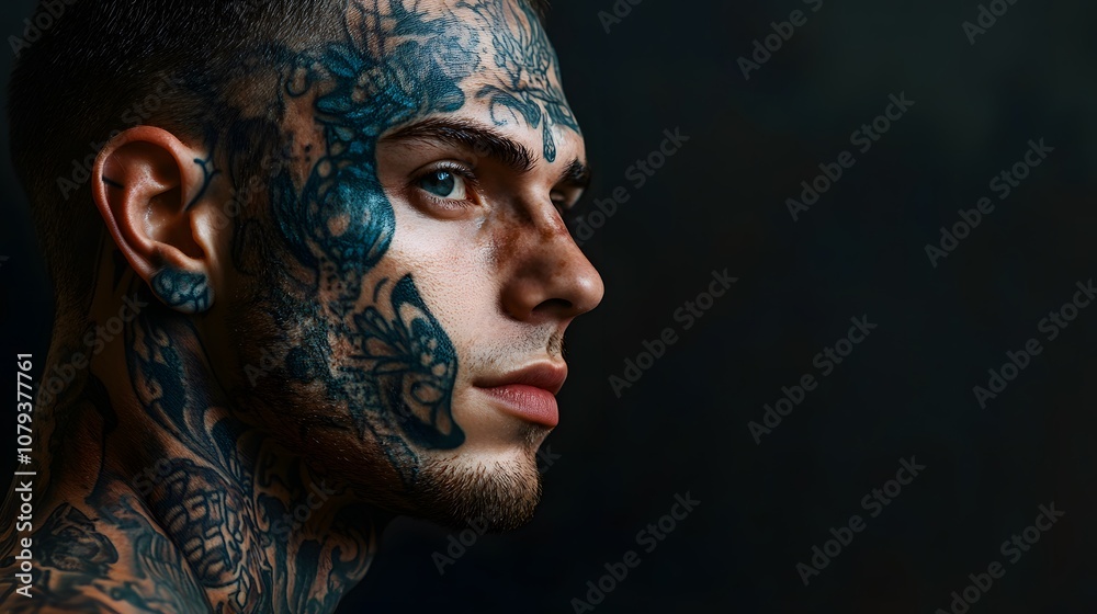 A portrait of a man with a distinctive tattoo on his face