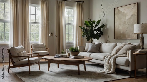 Minimalist living room features beige and cream tones, wooden furniture, a large sofa, round coffee table, tall windows, and a potted plant.