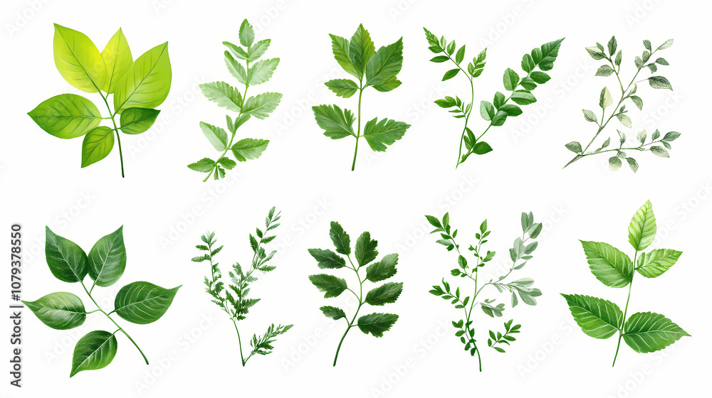 Green leaves on white background as botanical frame flatlay, eco design and spring nature flat lay concept. Botanical. Illustration Green leaves on white background as botanical frame flatlay, eco design and spring nature flat lay concept. Botanical. Illustration