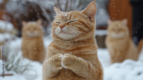 A ginger cat stands on its hind legs in the snow, with two other ginger cats in the background.