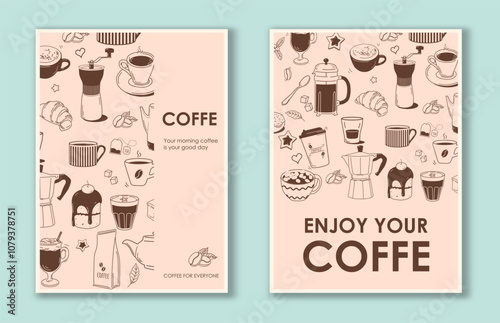 Coffee posters set. Hot drink, aroma and beverage. Cafe or restaurant menu. Coffee shop invitation booklet or leaflet. Espresso and cappuccino. Flat vector collection isolated on blue background