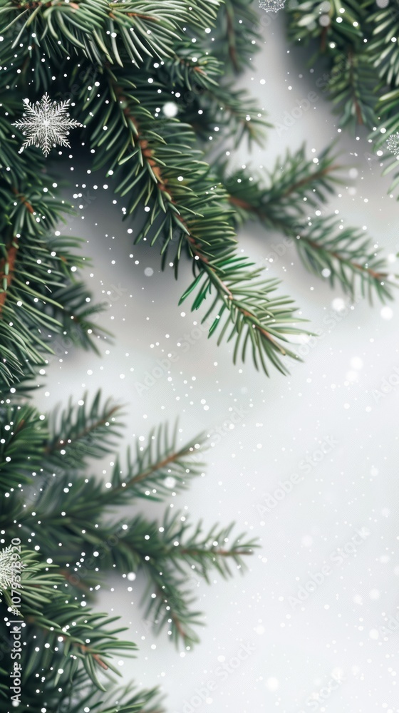 Evergreen pine branches with sparkling snowflakes and a soft winter background. Evergreen pine branches with sparkling snowflakes and a soft winter background.