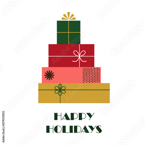 A pile of wrapped gift boxes and presents with bows and ribbons and happy holidays text in flat retro style. Simple geometric shapes. Background illustration for cards, banners, sales and shopping