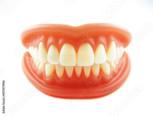 Close-up of artificial dentures with realistic white teeth