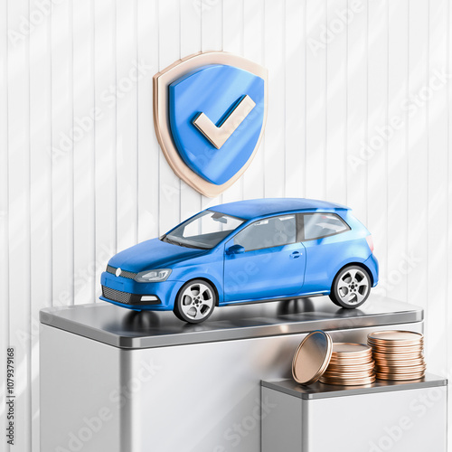 3D Car insurance policy finance form money concept with safety shield. Car insurance, car safety concept. 3D render illustration
