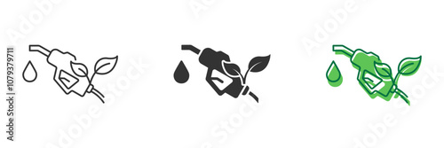 Gas Pump with Leaves Icon for Renewable Energy and Biofuel Concept. Fuel Nozzle Eco Power for Transportation Line and Silhouette Icon Set. Editable Stroke. Isolated Vector Illustration