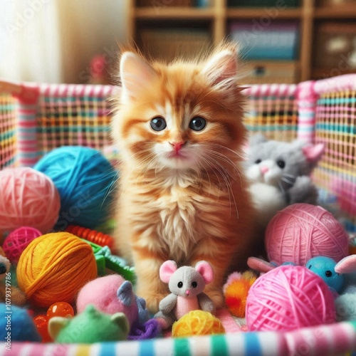 kitten playing, kitten surrounded by toys