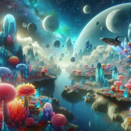 landscape with space, galaxy, graphic art