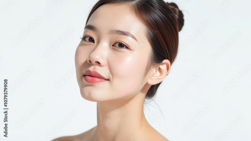 Clean beauty portrait of a young woman with glowing skin against white background. Natural makeup, soft lighting, and elegant pose showcase modern K-beauty aesthetic. Perfect for skincare, cosmetics. Clean beauty portrait of a young woman with glowing skin against white background. Natural makeup, soft lighting, and elegant pose showcase modern K-beauty aesthetic. Perfect for skincare, cosmetics.
