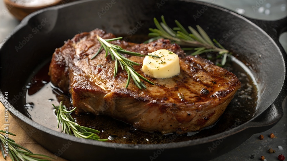 Thick grilled steak with rosemary in skillet Thick grilled steak with rosemary in skillet